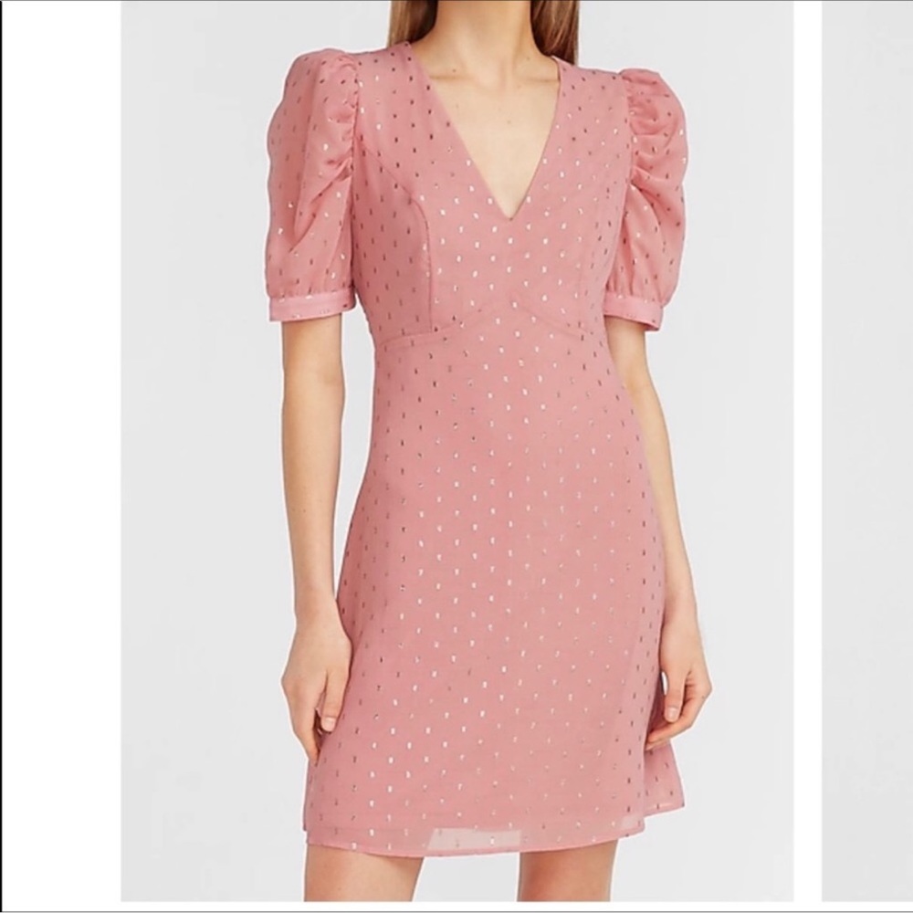[Express] Metallic Clip Dot Dress Puff Sleeves Fit And Flare Pink